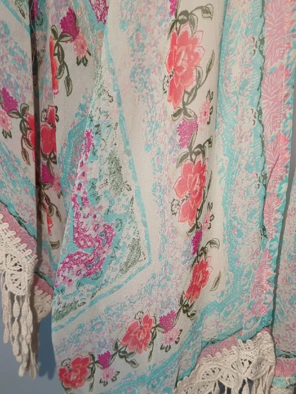 ENTRO Cream Floral Fringe Kimono with Pink & Teal Accents